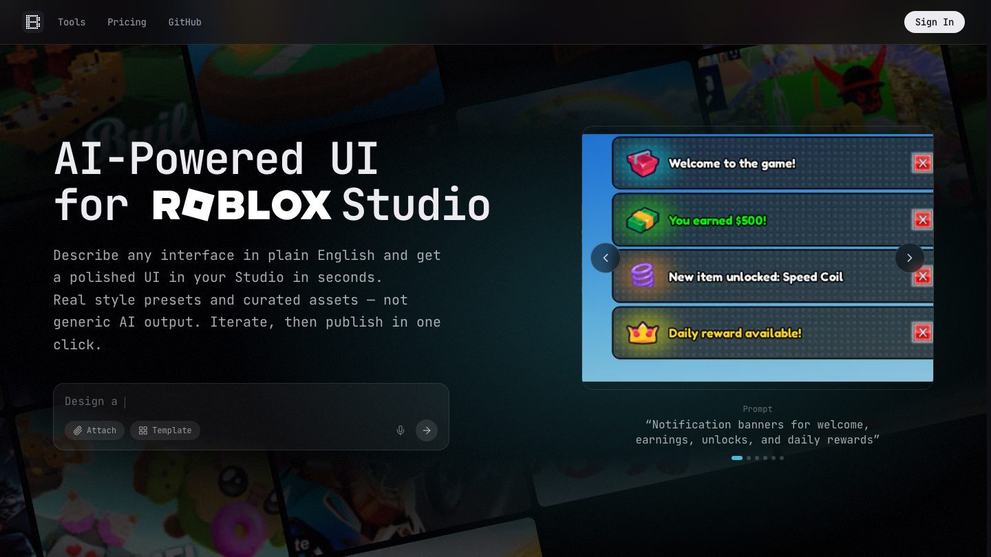The BloxSmith homepage showing prompt-to-Studio UI generation with notification banner examples, captured September 2, 2026