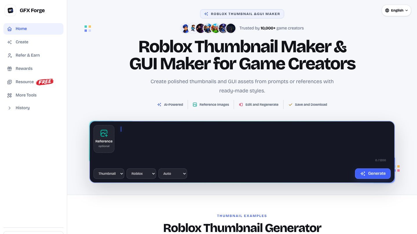 The GFX Forge workspace with the asset type, platform, and style controls on one bar, captured September 2, 2026