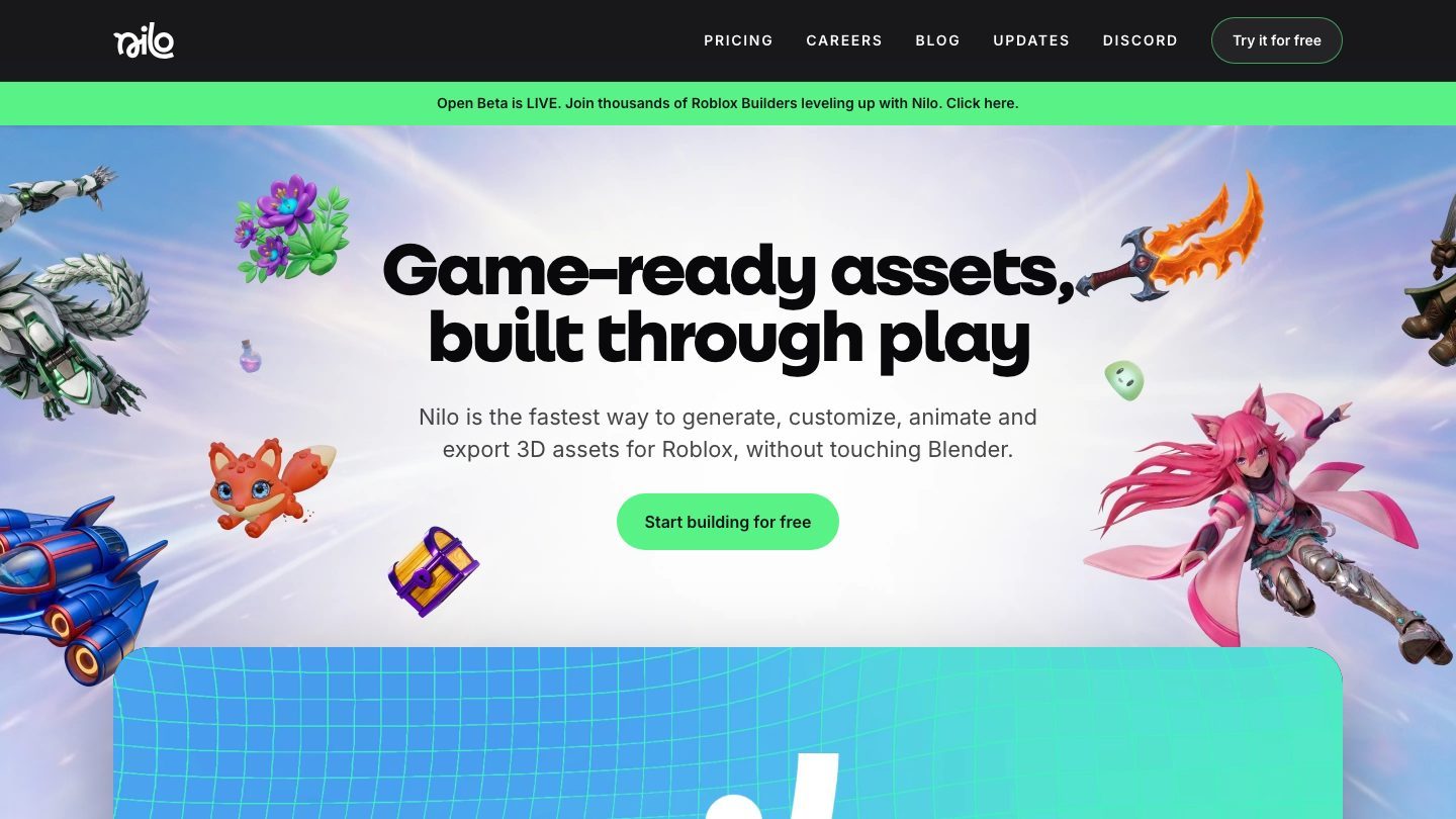 The Nilo homepage showing its generate-customise-animate-export 3D pitch for Roblox, captured September 2, 2026