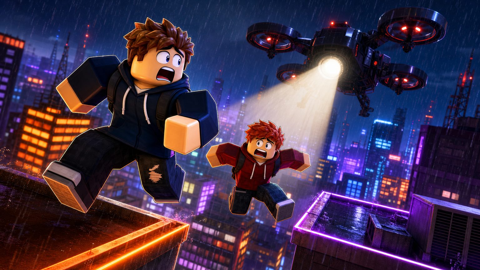 A generated Roblox-style thumbnail of two players leaping between neon rooftops in the rain, chased by a searchlight drone