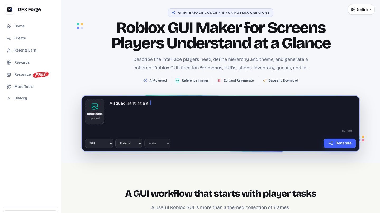 The GFX Forge GUI maker page, which sets the same expectation about concepts versus code
