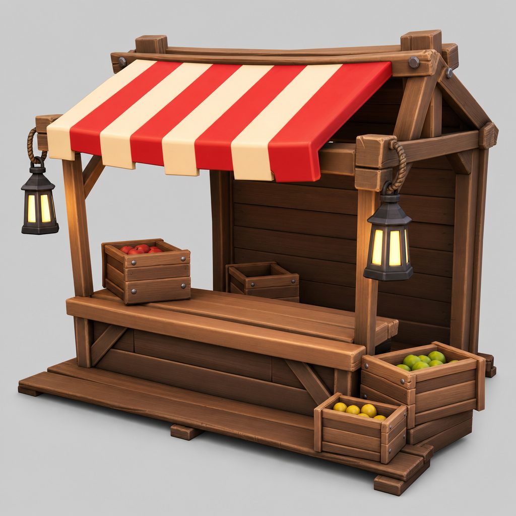 A generated market stall reference render used as the input to a 3D reconstruction task