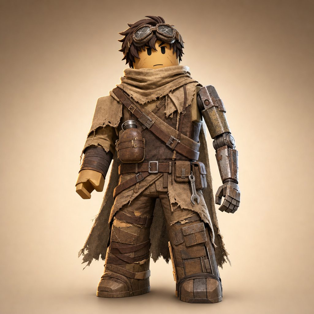 A generated blocky survivor character with a torn cloak, cracked goggles, a scrap-metal arm, a flask, and a wrench on the belt