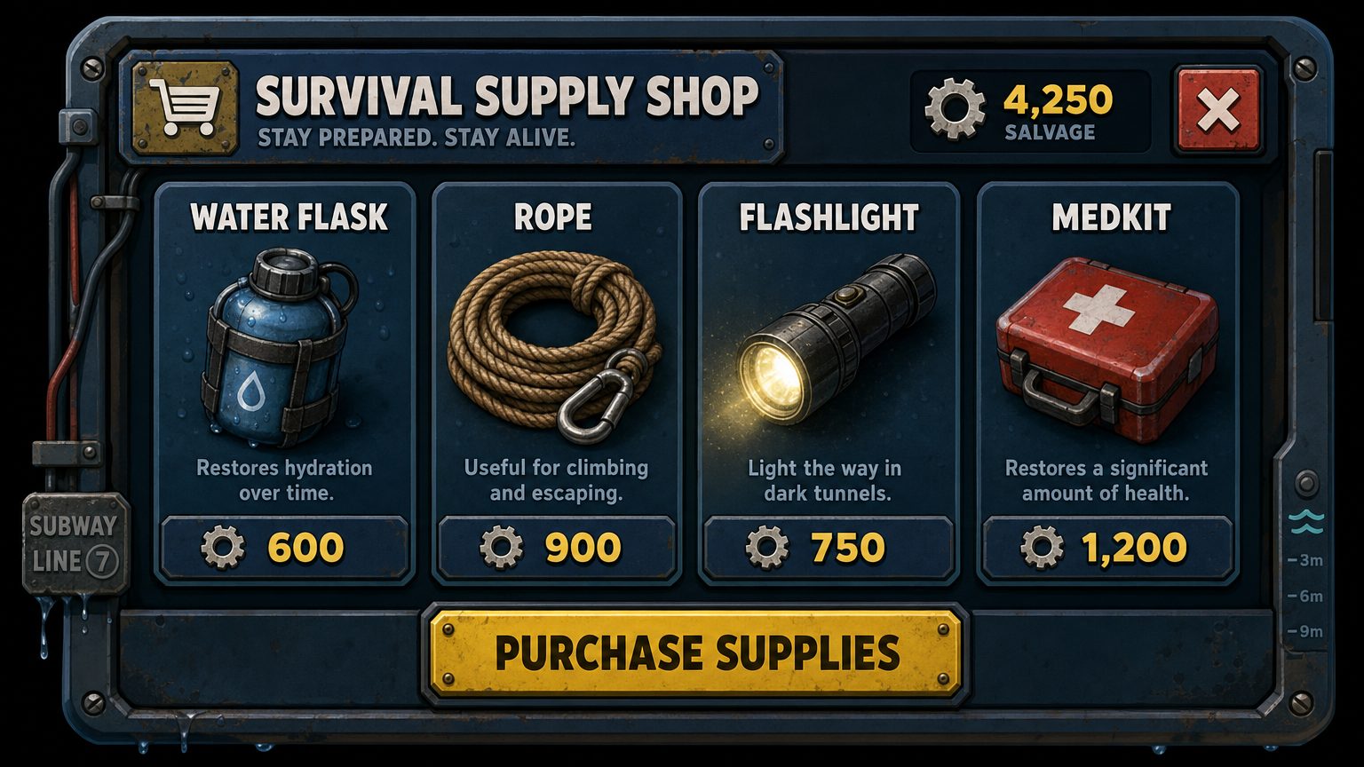 A generated survival supply shop panel with four item cards, prices in salvage, and a purchase button