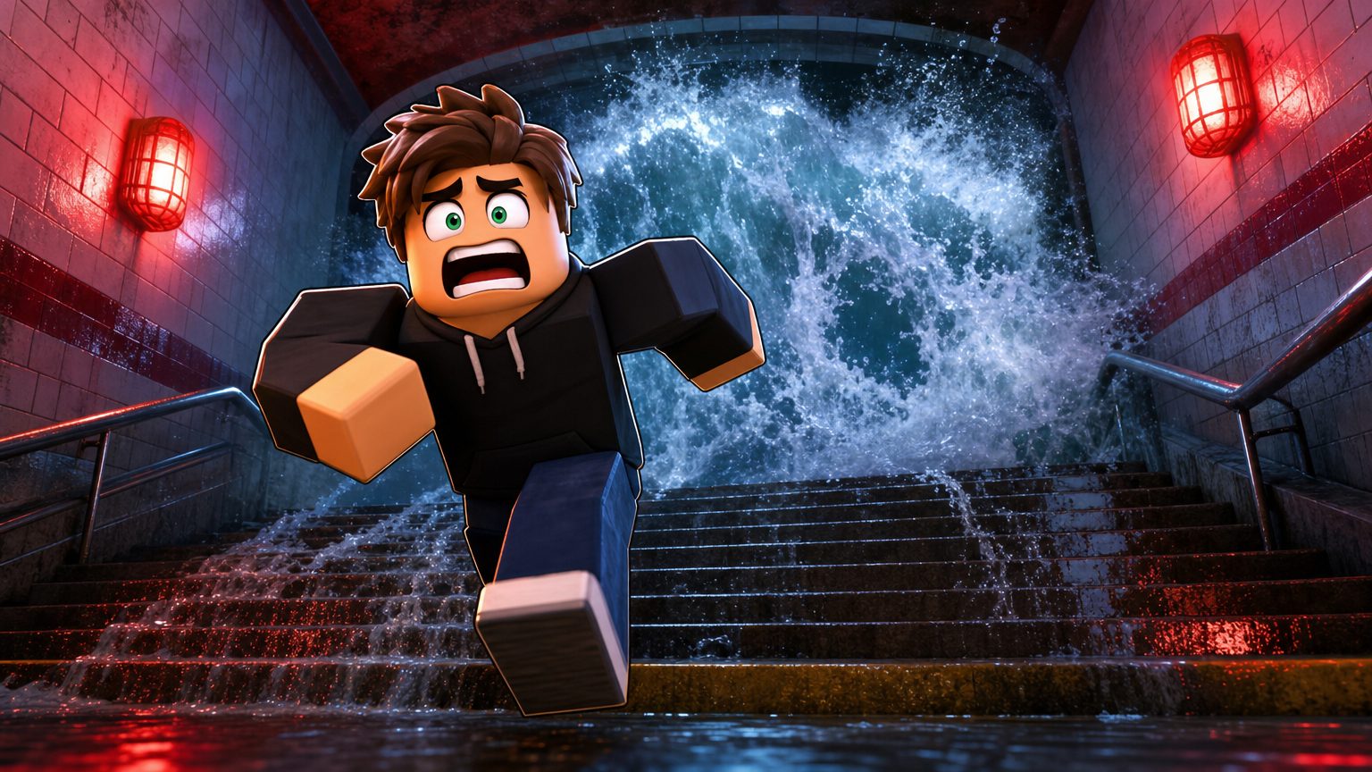 A generated Roblox-style thumbnail of a player sprinting up a flooded subway staircase as water surges behind